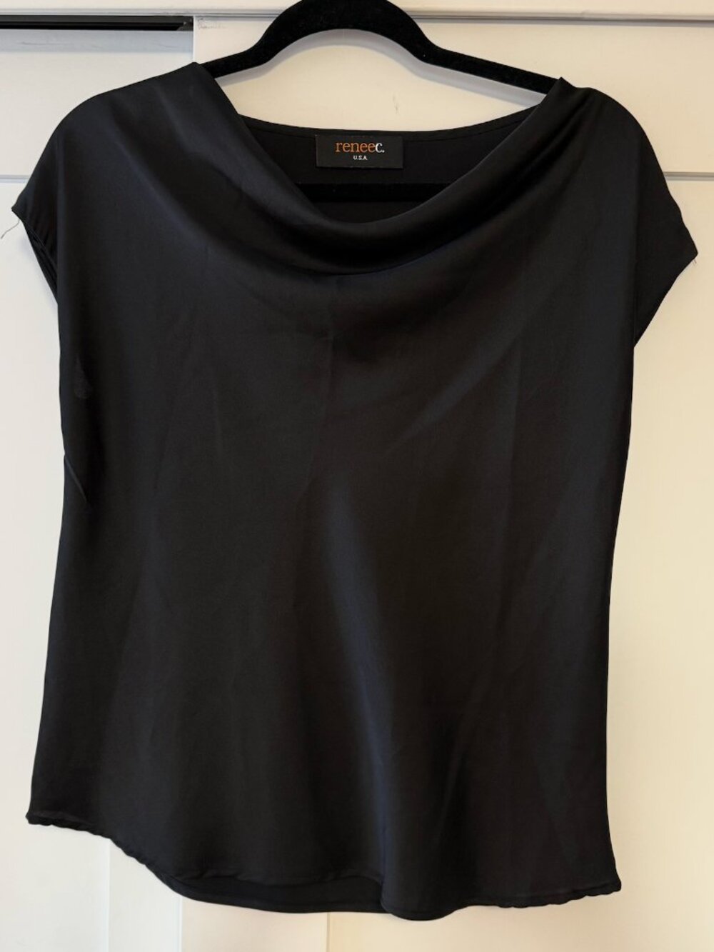 Black Satin Cowl Neck Short Sleeve Top